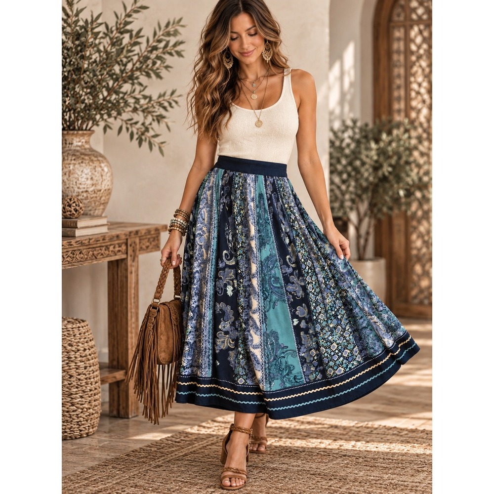 Dimri Blue Paisley Patchwork Cotton Midi Skirt Womens Large Boho Ric Rac Trim